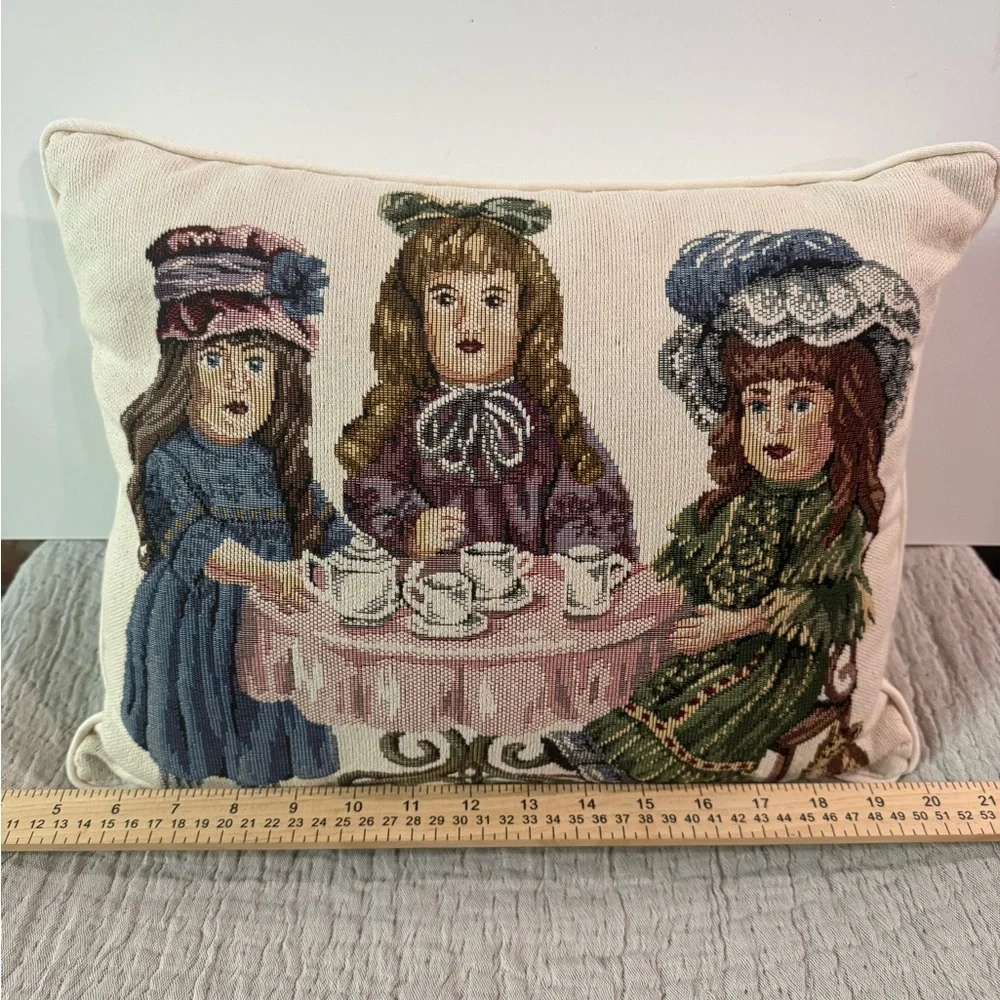 Vintage Dakotah Victorian Doll Tea Party Needlepoint Tapestry Pillow